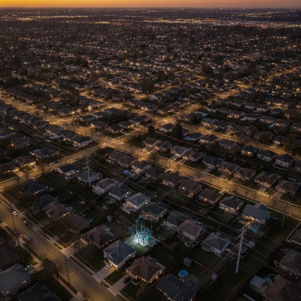 Aerial view of a suburban neighborhood at dusk as household electricity demand rises during peak hours