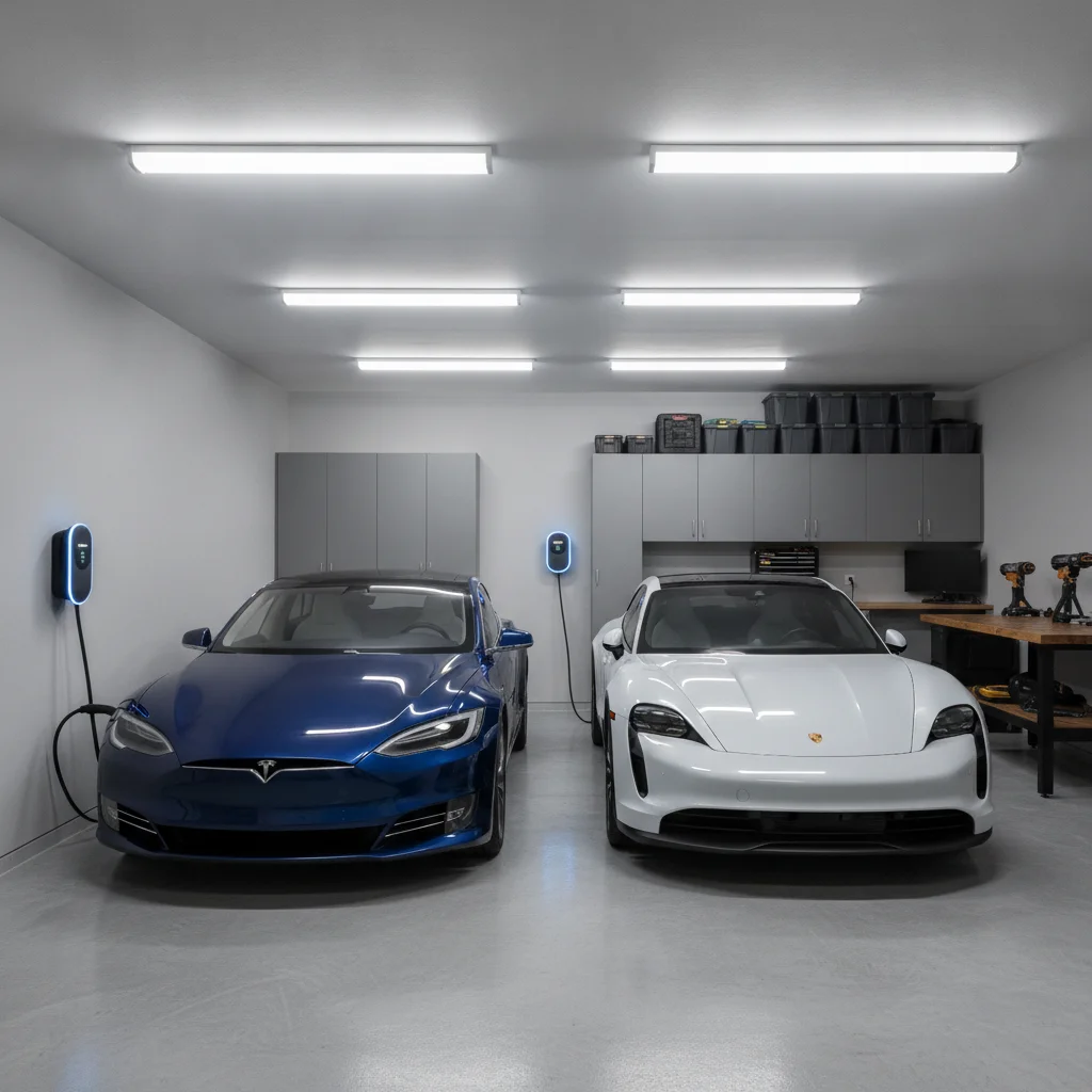 Two electric vehicles charging simultaneously in a residential garage using separate Level 2 wall chargers