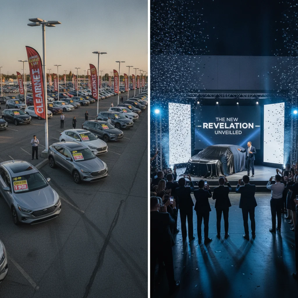 Side-by-side comparison of a clearance sale on an outgoing car model versus a launch-day crowd for a redesigned model.