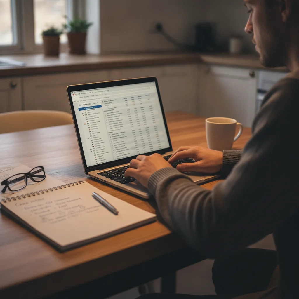 A car buyer researching model cycle timing and pricing data on a laptop at home.