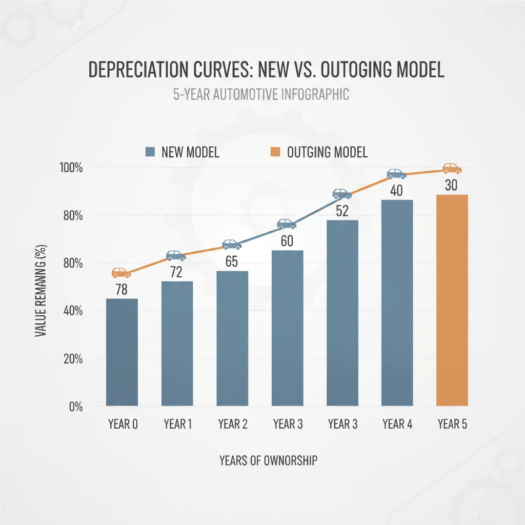Depreciation curve chart comparing outgoing model versus newly redesigned model value retention over five years.