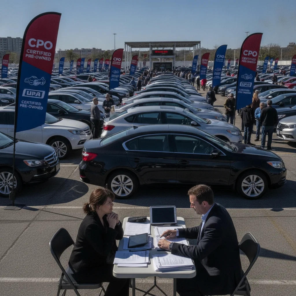 Certified pre-owned vehicles lined up at a dealer auction lot with a finance specialist reviewing lease-return paperwork.