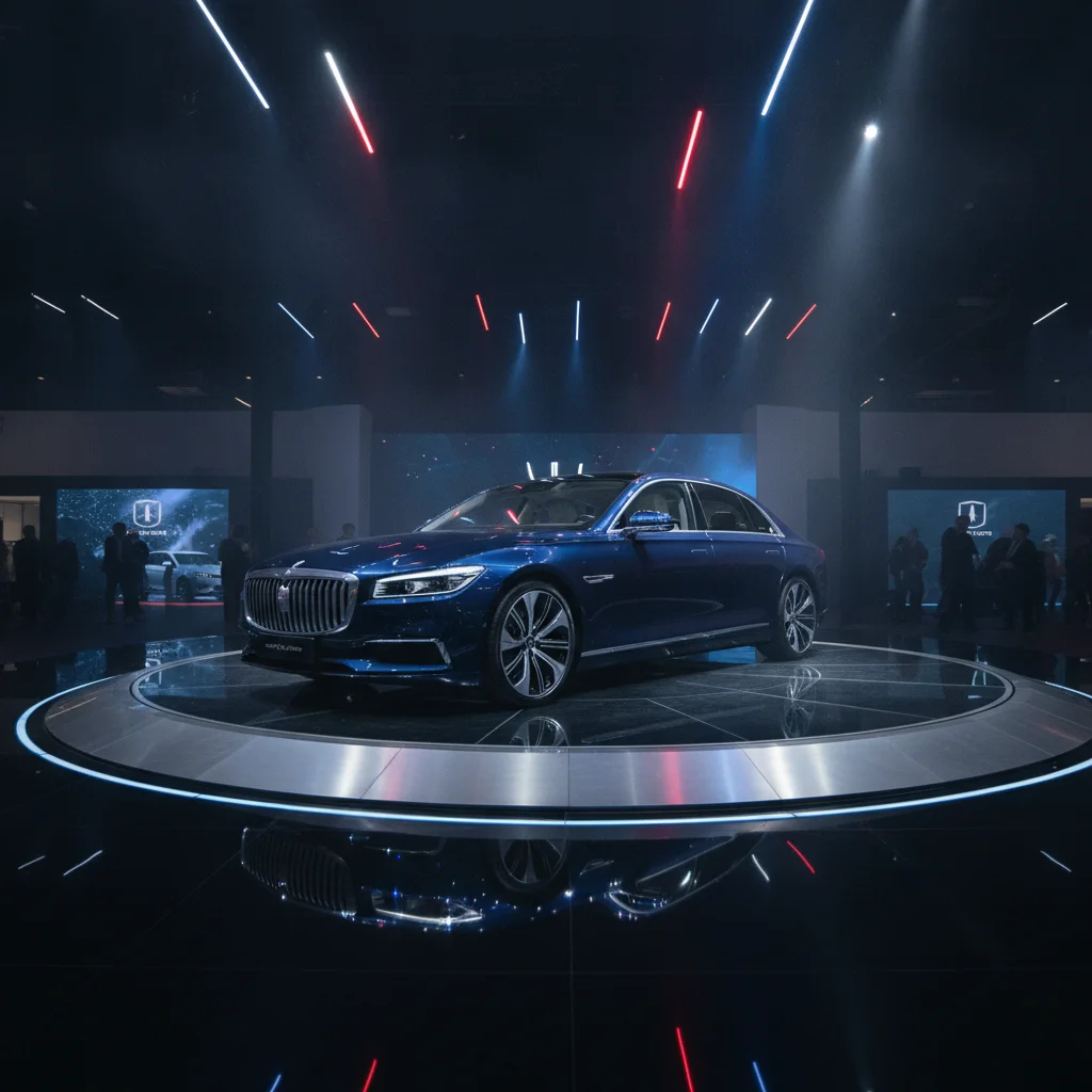 A luxury sedan on a rotating display platform under bright auto show lights with dark background