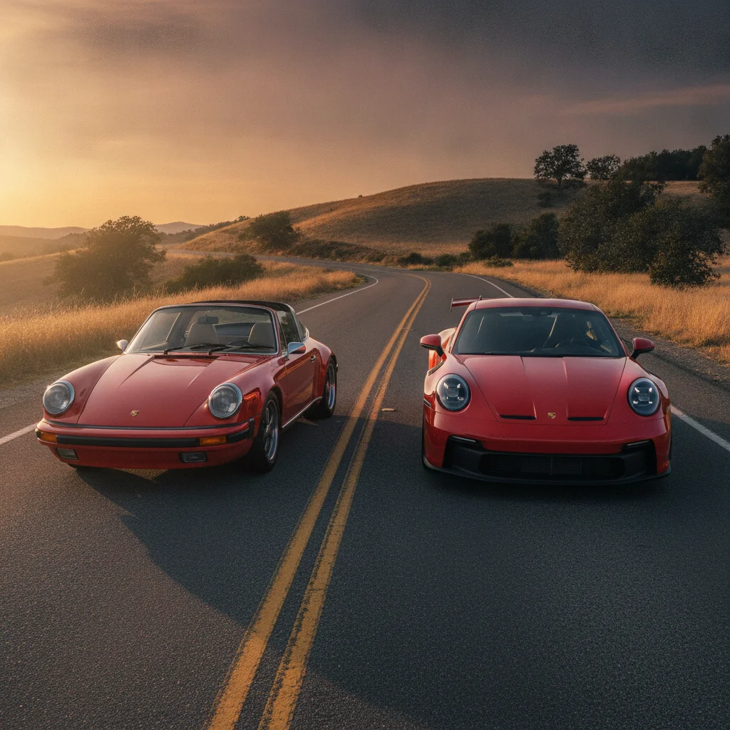 Two generations of a sports car parked side by side on an empty road at golden hour