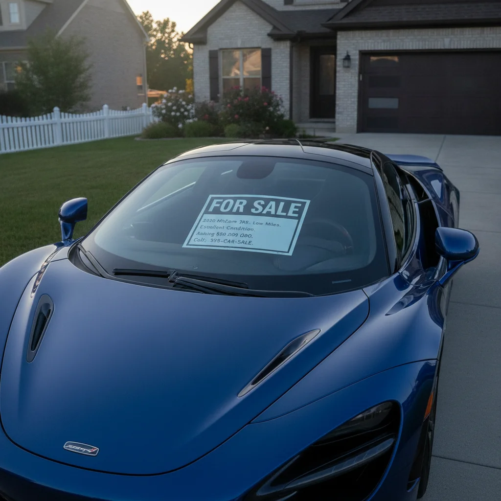 A for-sale sign on the windshield of a well-maintained luxury sports car in a driveway