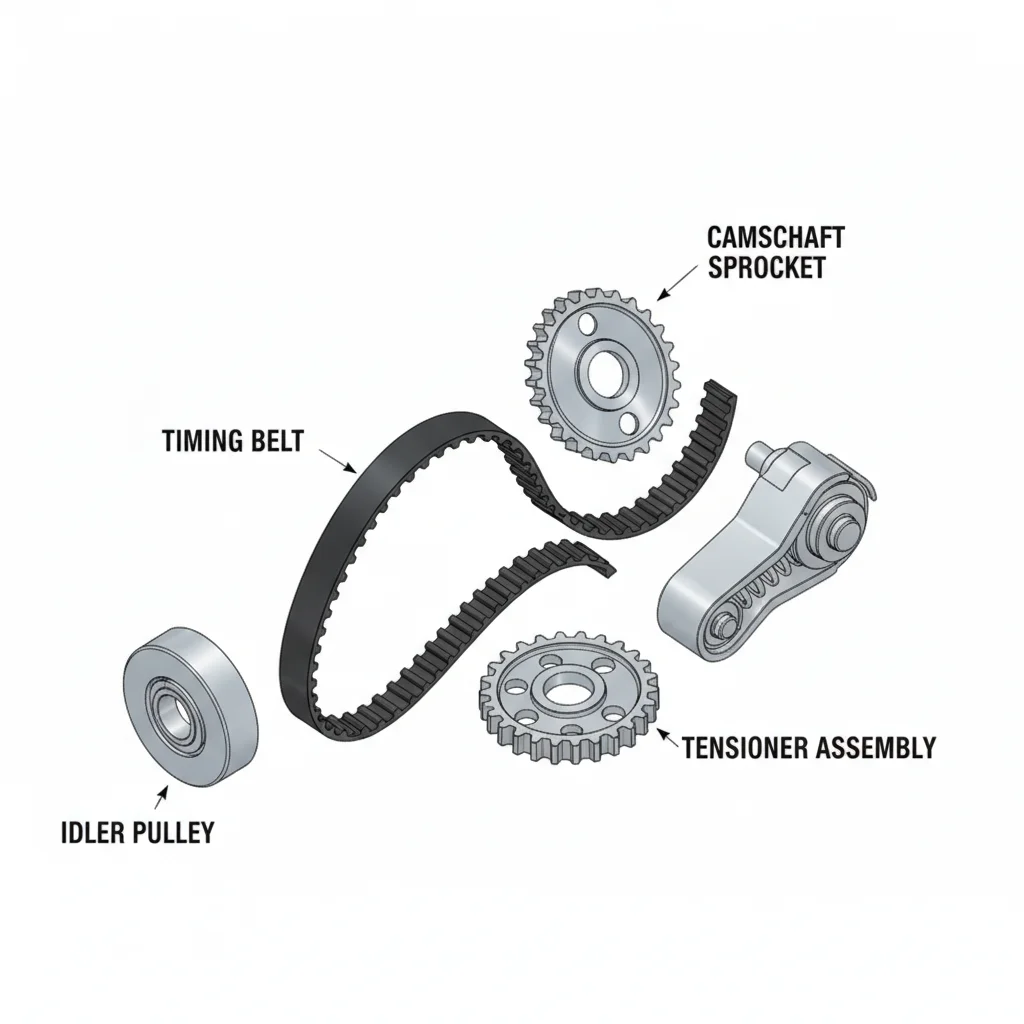 Exploded view of timing belt components including sprockets, tensioner, and idler pulleys on a white surface