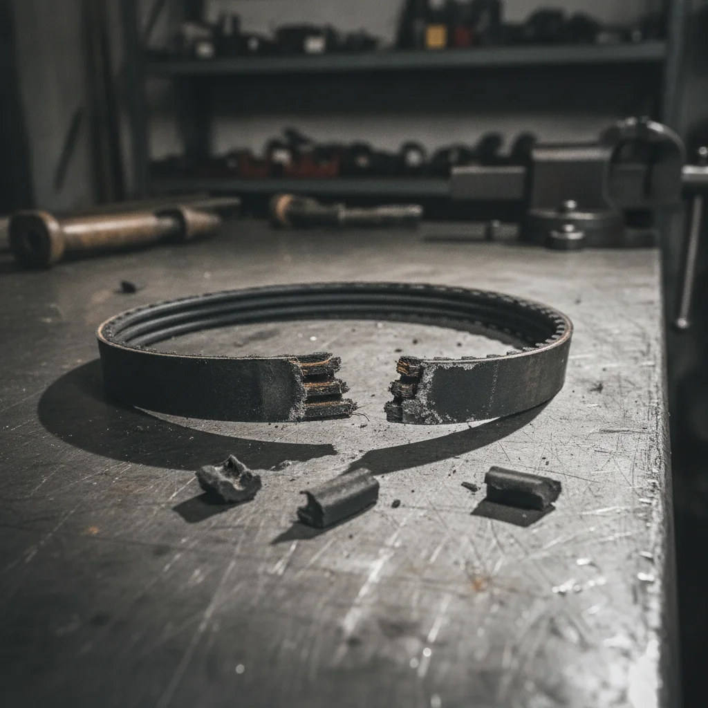 A snapped rubber timing belt with broken teeth lying on a metal workshop bench showing failure damage