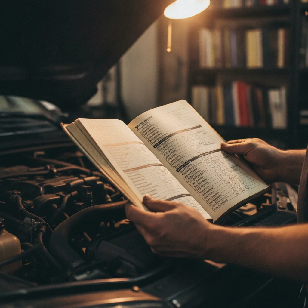 Mechanic's hands holding an open vehicle owner's manual showing the scheduled maintenance section
