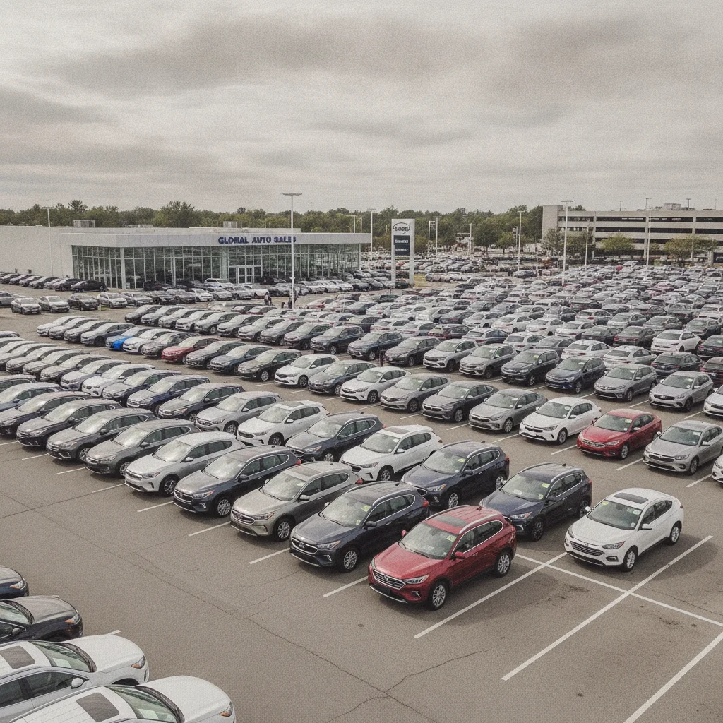 Large used car lot filled with rows of similar late-model vehicles representing peak off-lease inventory