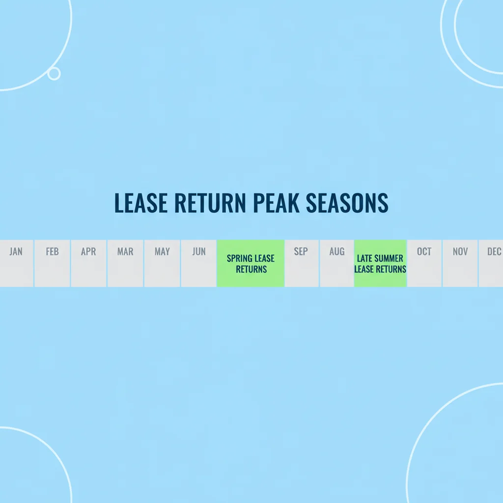 Timeline graphic illustrating spring and late summer as peak periods for off-lease vehicle returns