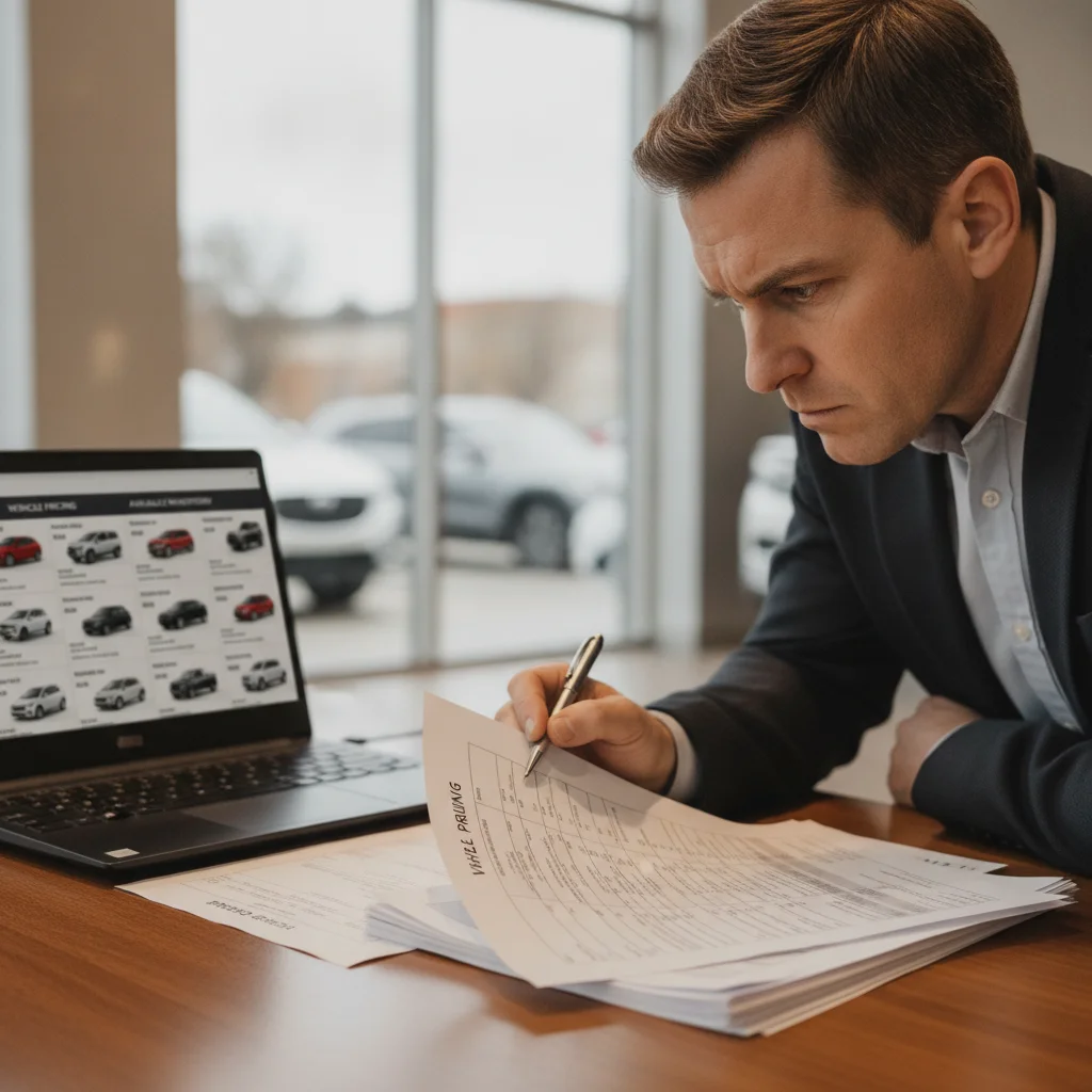 Car buyer reviewing off-lease vehicle pricing data and comparable listings at a dealership