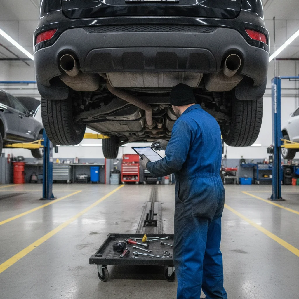 Independent mechanic performing a pre-purchase inspection on an off-lease vehicle lifted on a garage hoist