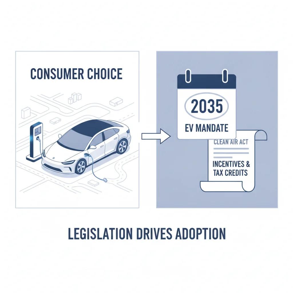 Split-screen graphic showing an EV beside policy documents representing tax credit rule tracking.