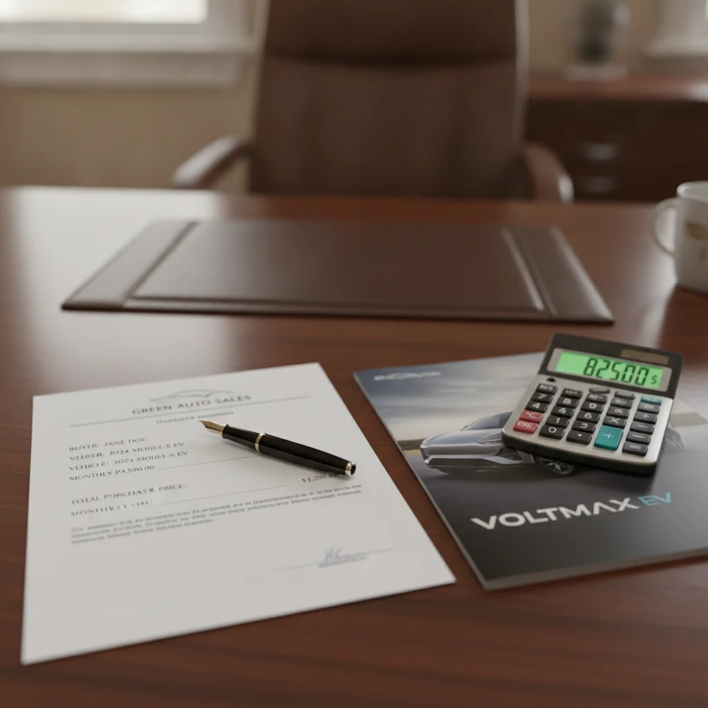 Car deal paperwork with calculator and EV brochure representing MSRP and income eligibility checks.