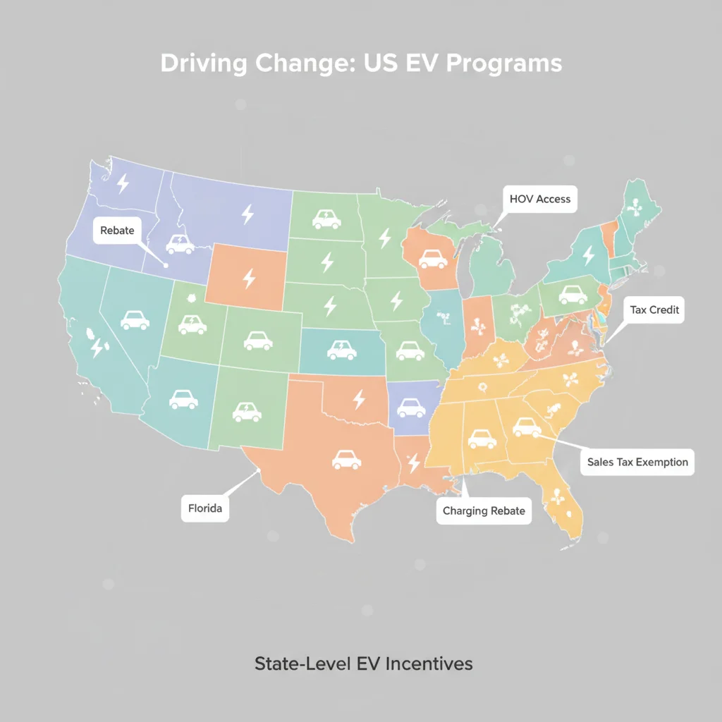 US map with state-level EV incentive highlights showing variation in available rebates and credits.