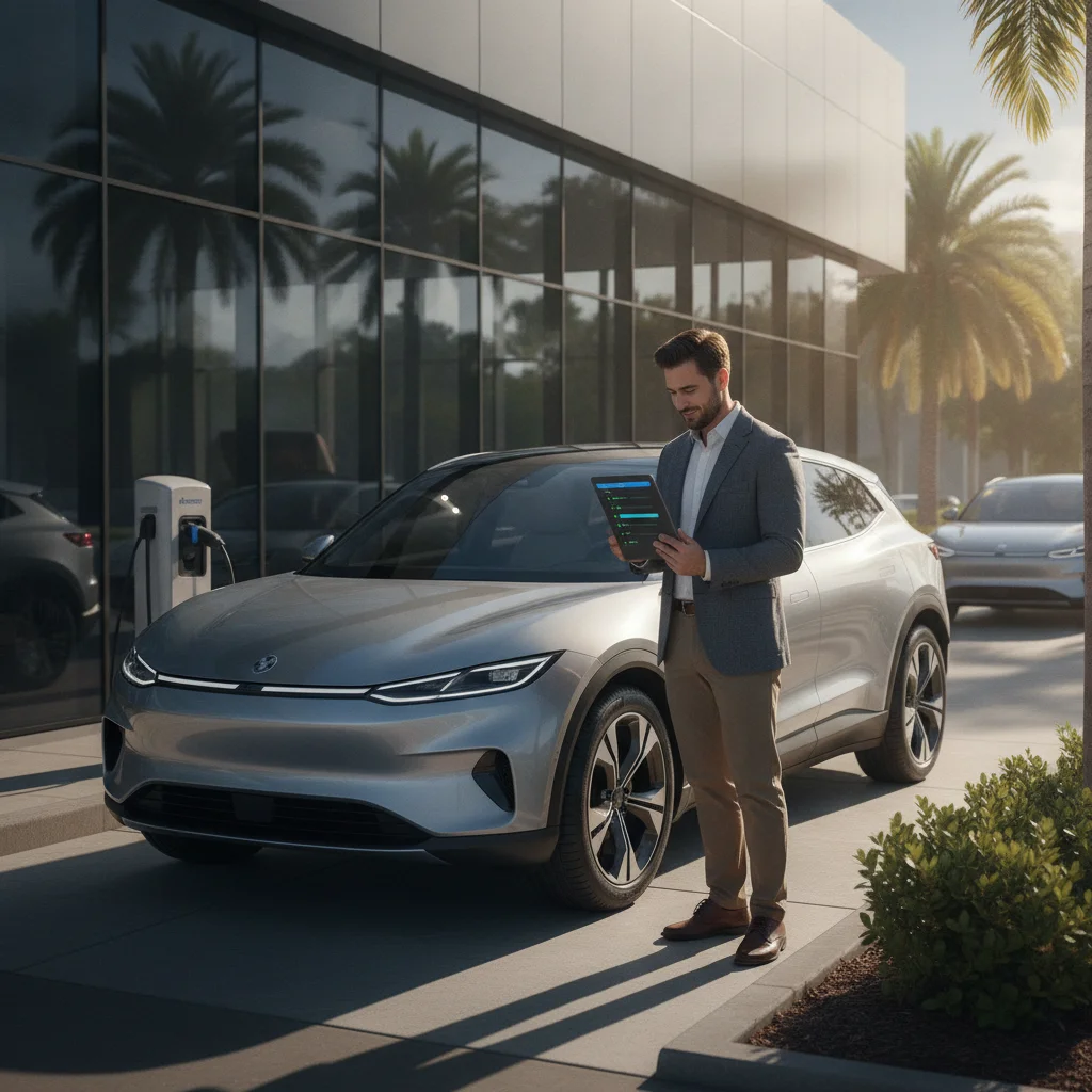Person reviewing EV purchase checklist on tablet at a dealership lot before signing.