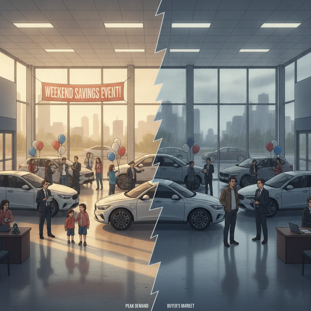 Split view showing a busy car dealership on a weekend versus a quiet showroom on a weekday