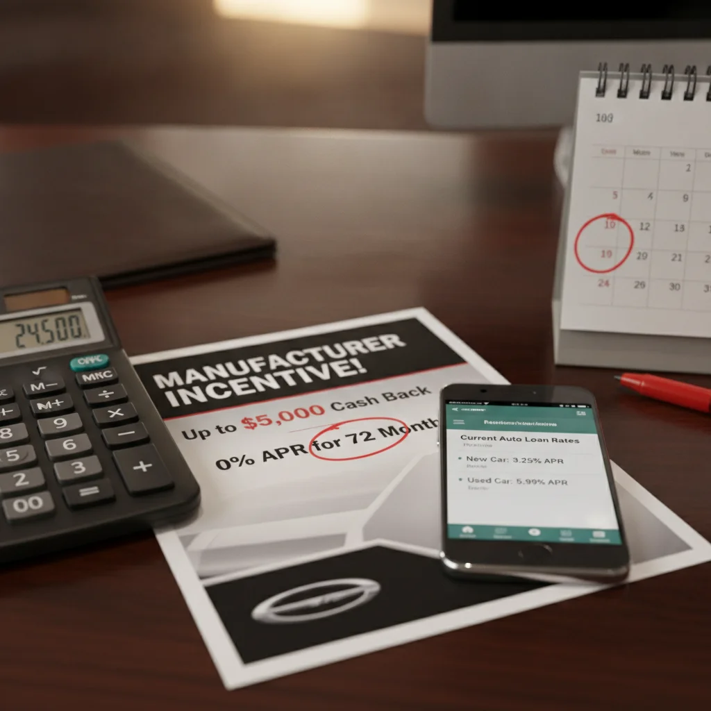 Manufacturer incentive flyer on desk next to calculator and phone showing loan rate comparison