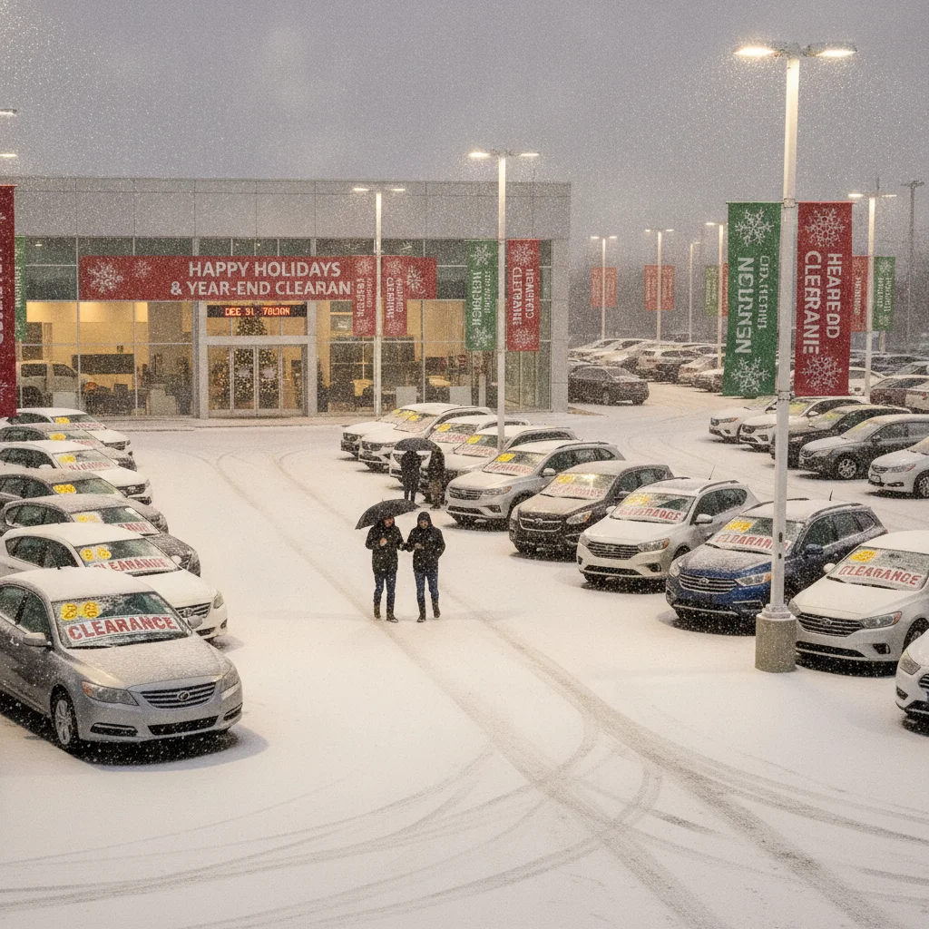 Dealership lot in late December with clearance signs and holiday banners in light snow