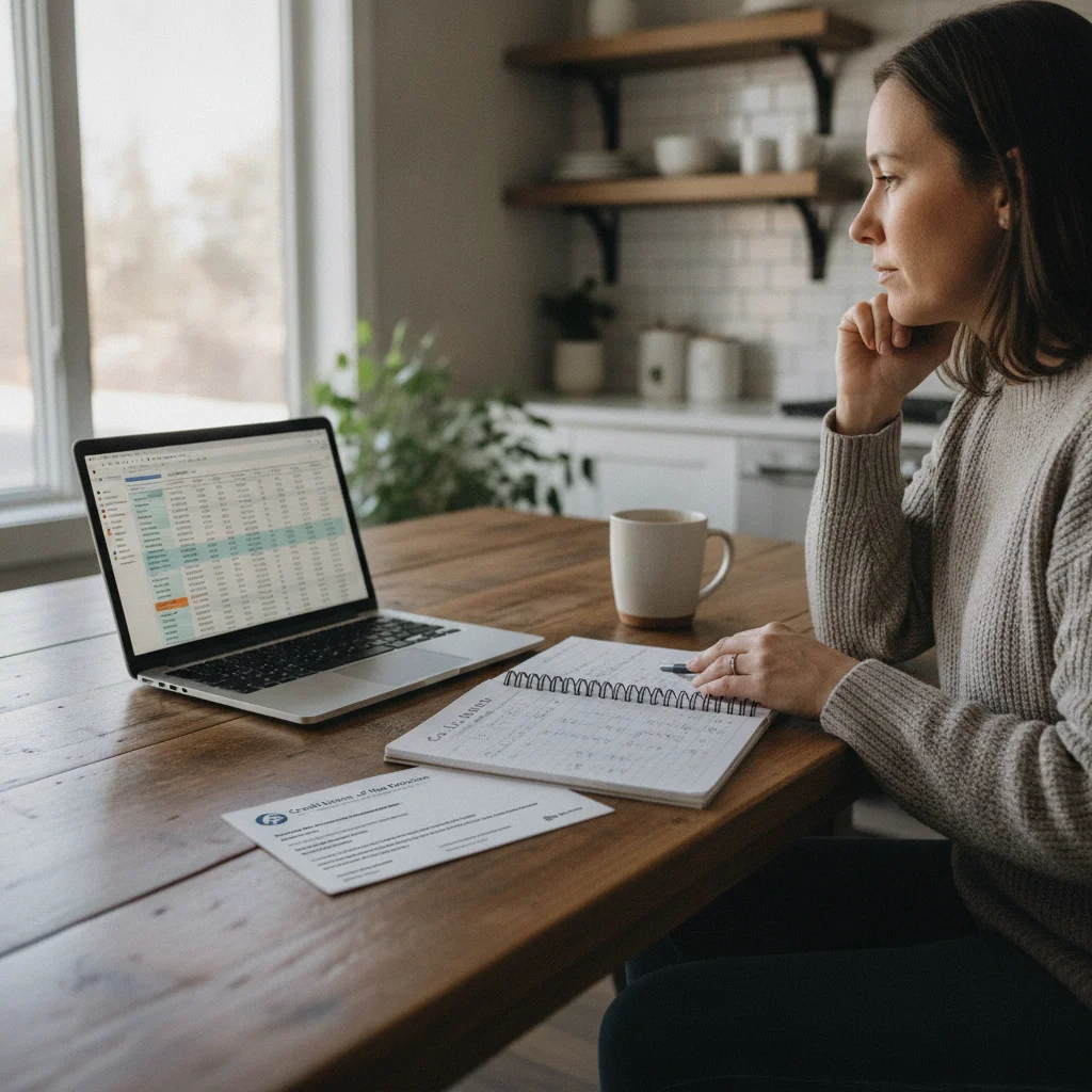 Car buyer reviewing loan pre-approval letter and market research data at a kitchen table