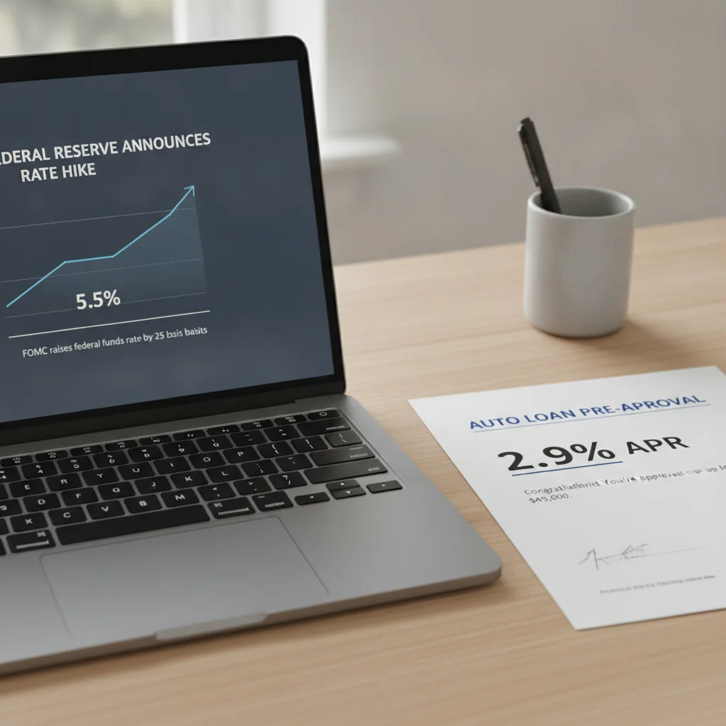 Laptop showing Federal Reserve rate announcement next to a printed auto loan preapproval letter