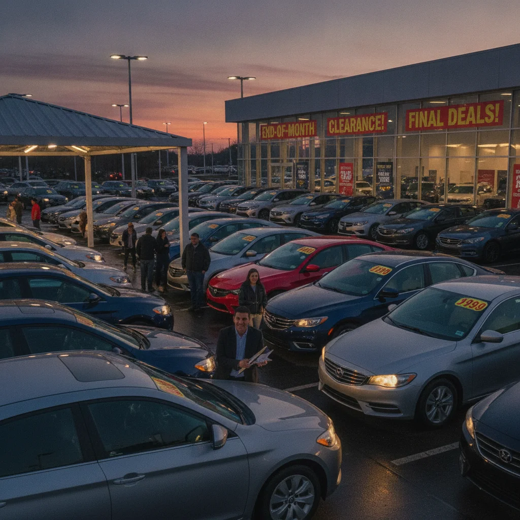 Car dealership lot at dusk with a salesperson and buyer reviewing paperwork