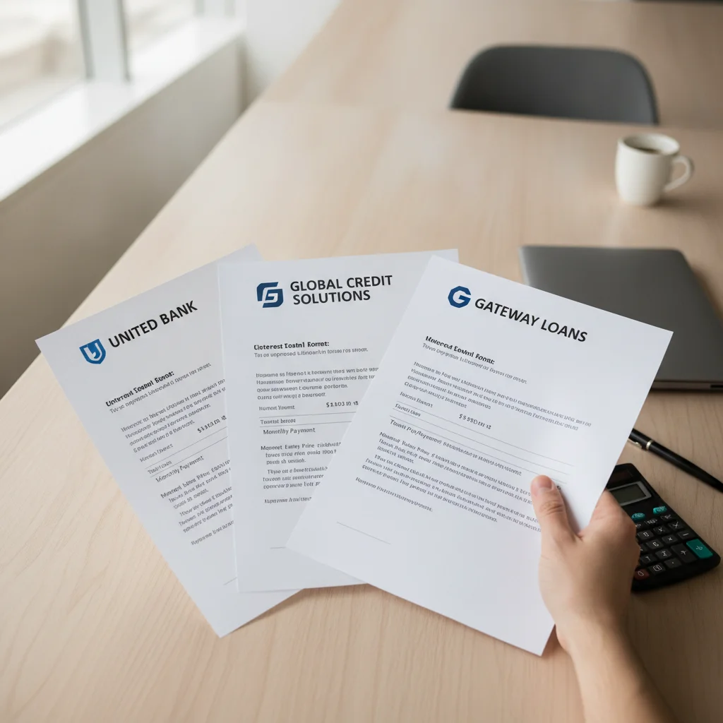 Three competing auto loan preapproval letters fanned out on a table for comparison