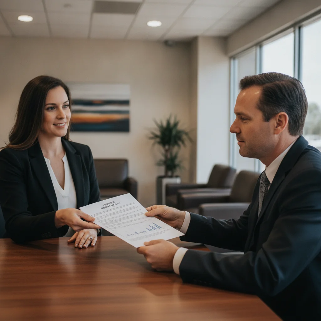 Car buyer presenting preapproval document to dealership finance manager across a desk