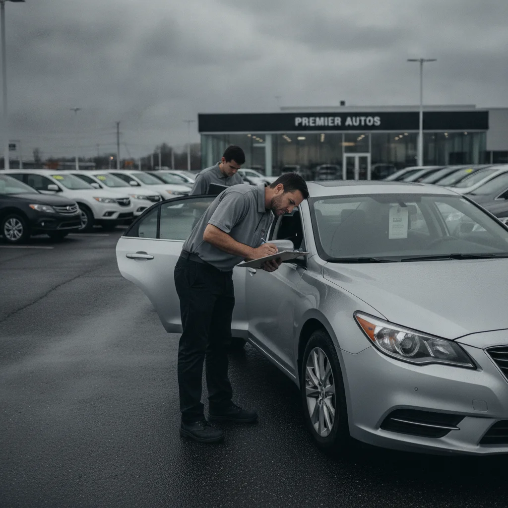 Dealer appraiser with clipboard evaluating a used car on a dealership lot