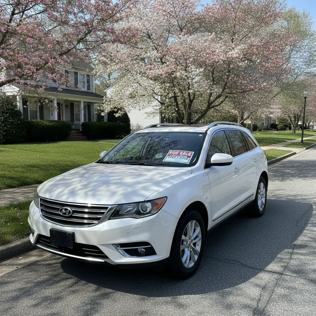 Clean SUV with a for-sale-by-owner sign parked on a sunny spring street