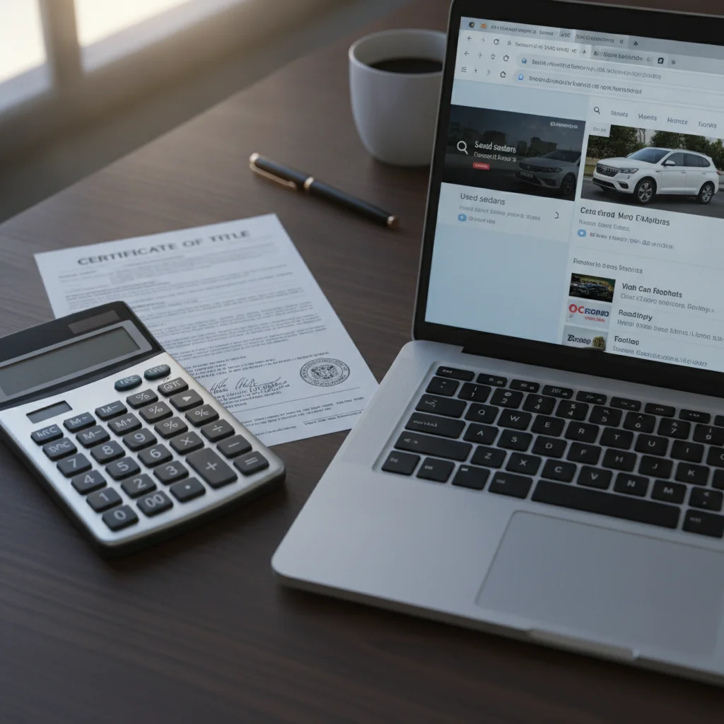 Calculator, vehicle title, and laptop with car listing websites shown on a desk