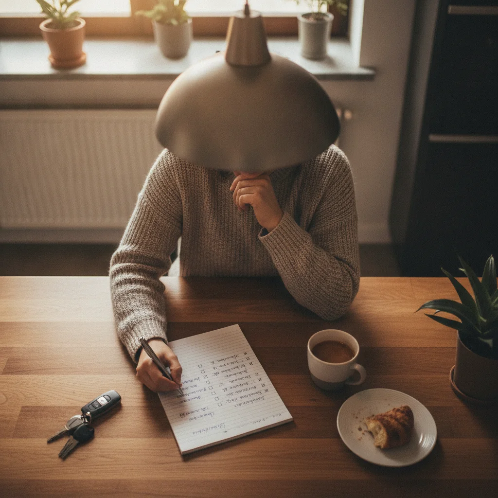 Person at kitchen table writing a decision checklist with car keys beside them