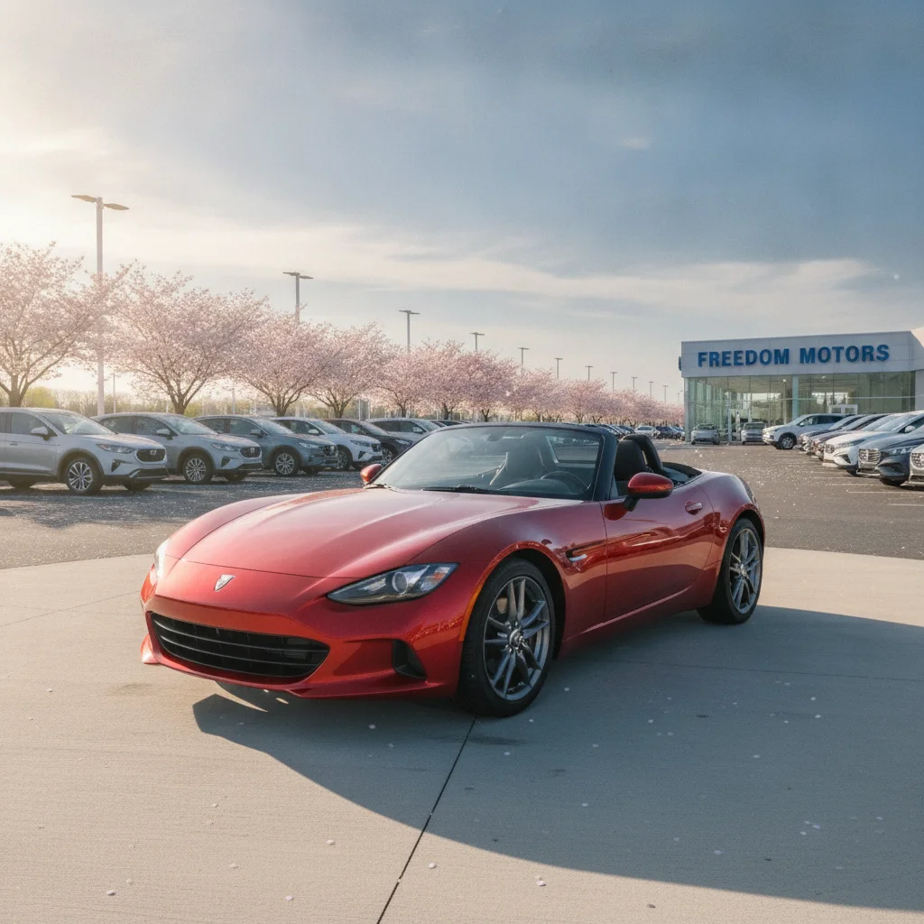 Red convertible displayed prominently at a dealership lot in spring with cherry blossoms in the background