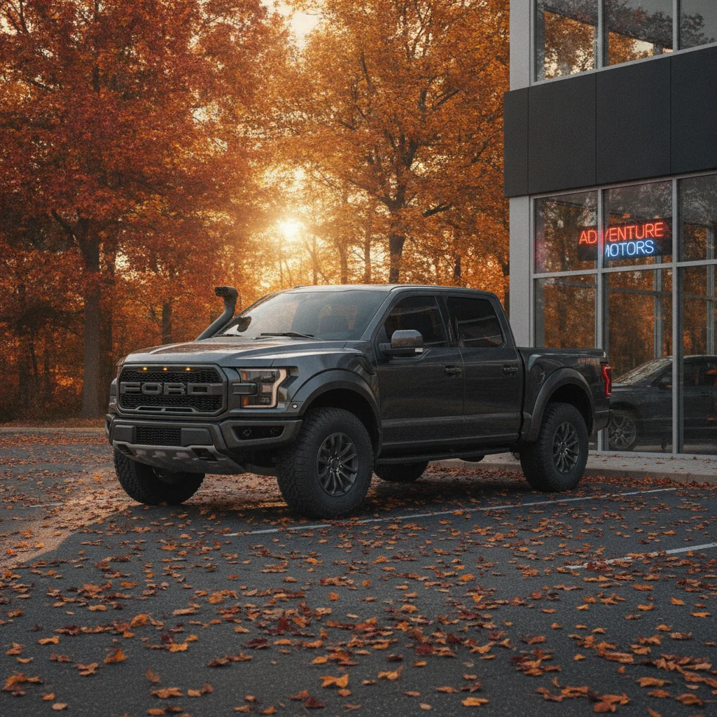 Four-wheel-drive pickup truck at a dealership surrounded by autumn leaves and fall foliage