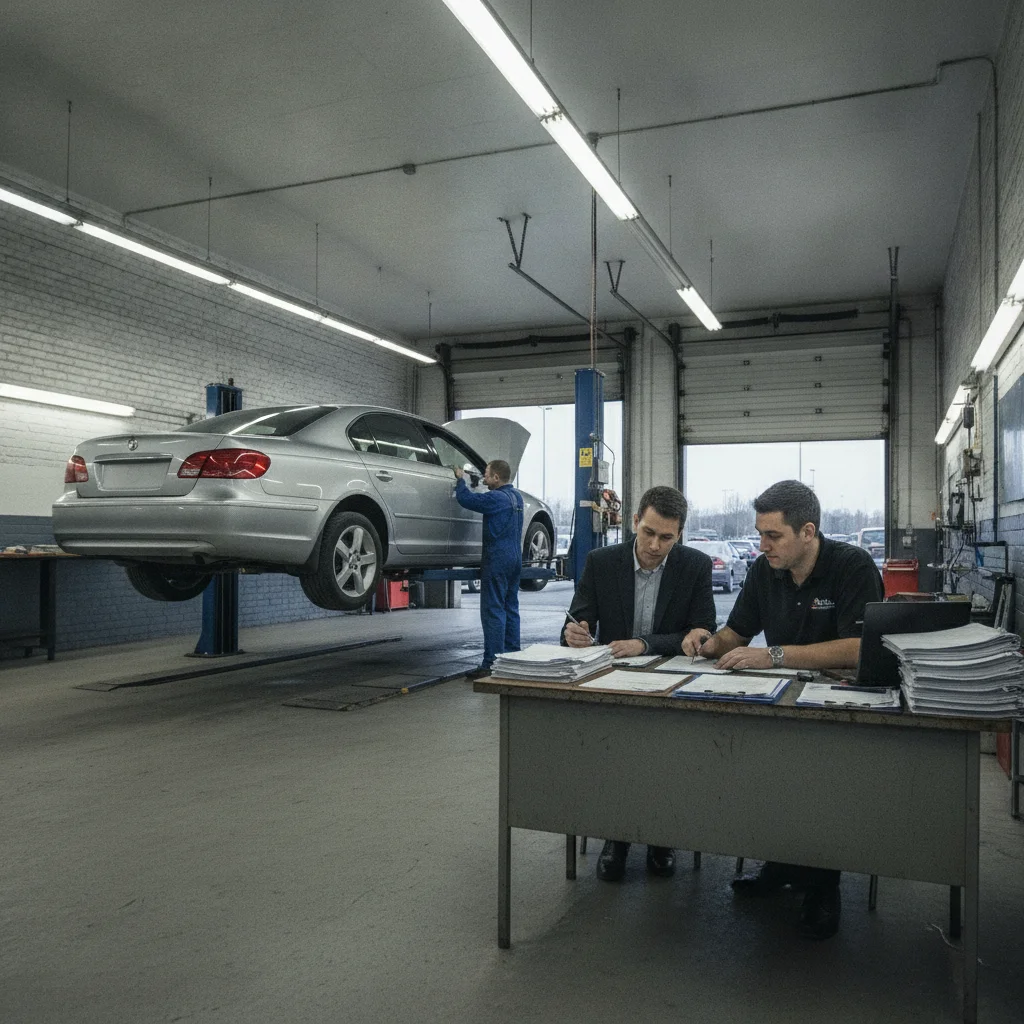 Vehicle on a lift in a dealership appraisal bay with staff reviewing trade-in paperwork at a desk