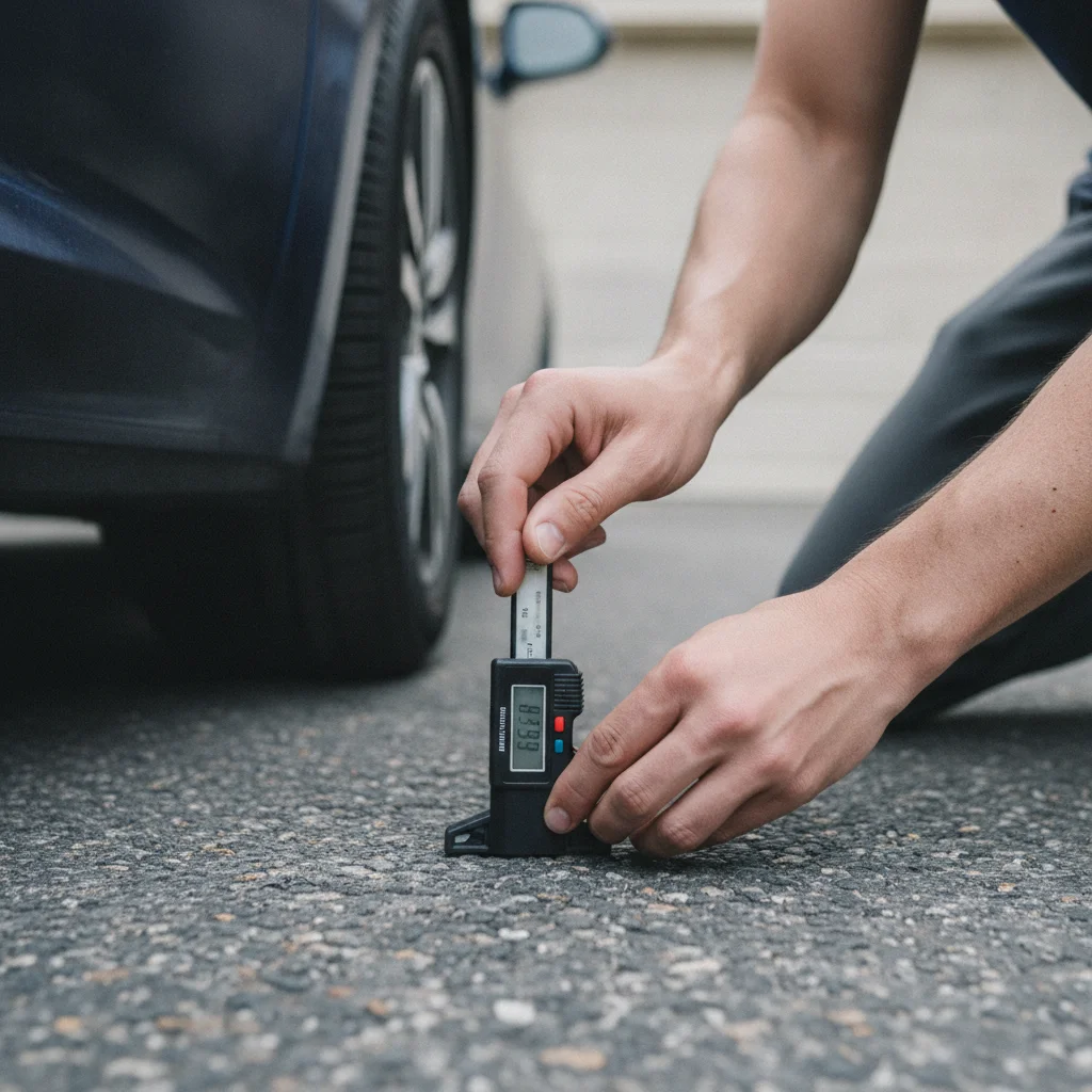 Person using a tread depth gauge to measure tire groove depth beside a car on a driveway