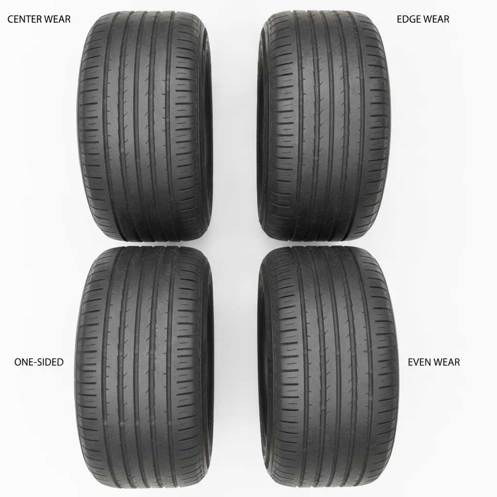 Four tires showing different wear patterns including center wear, edge wear, one-sided wear, and even tread