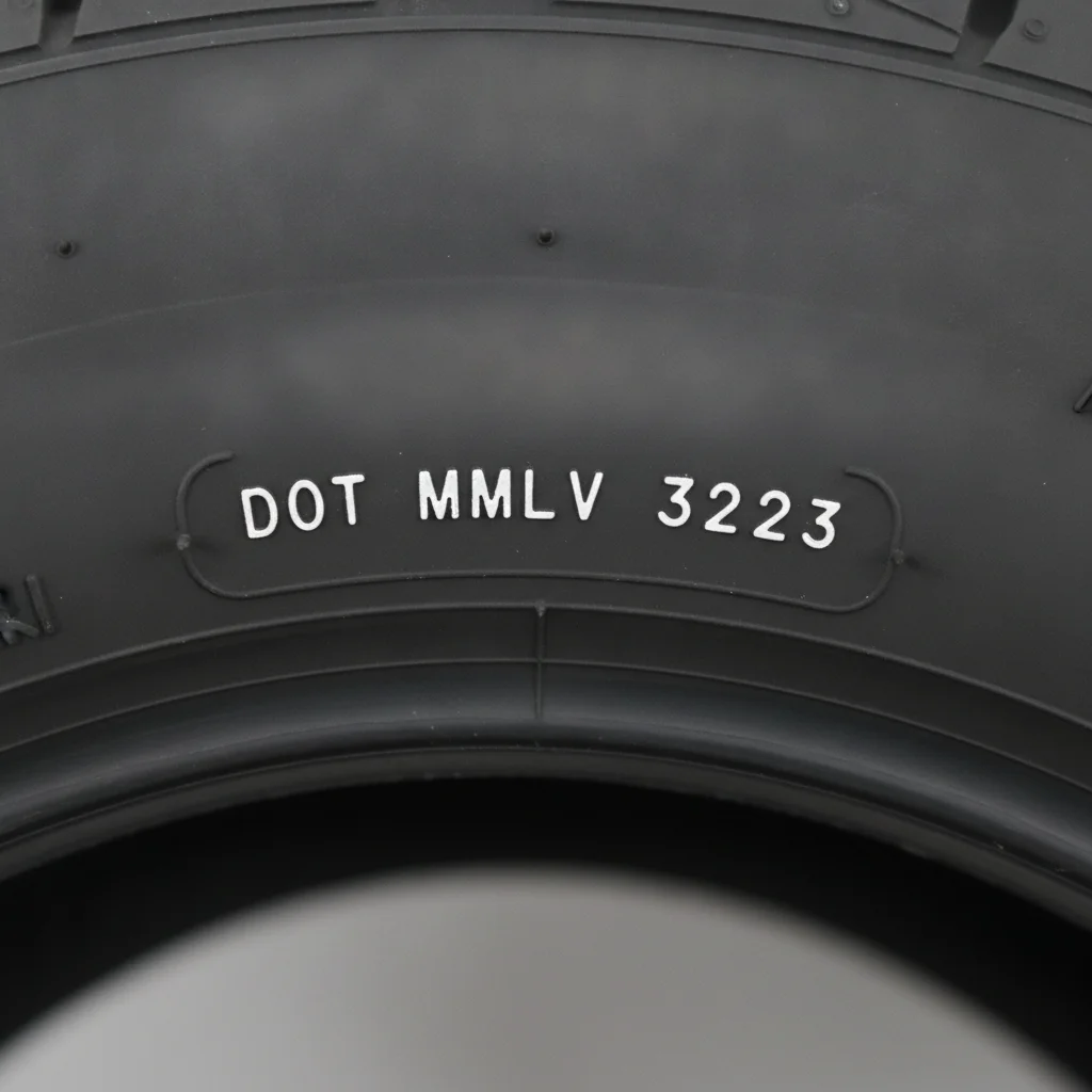Car tire sidewall showing DOT date code indicating tire manufacture week and year