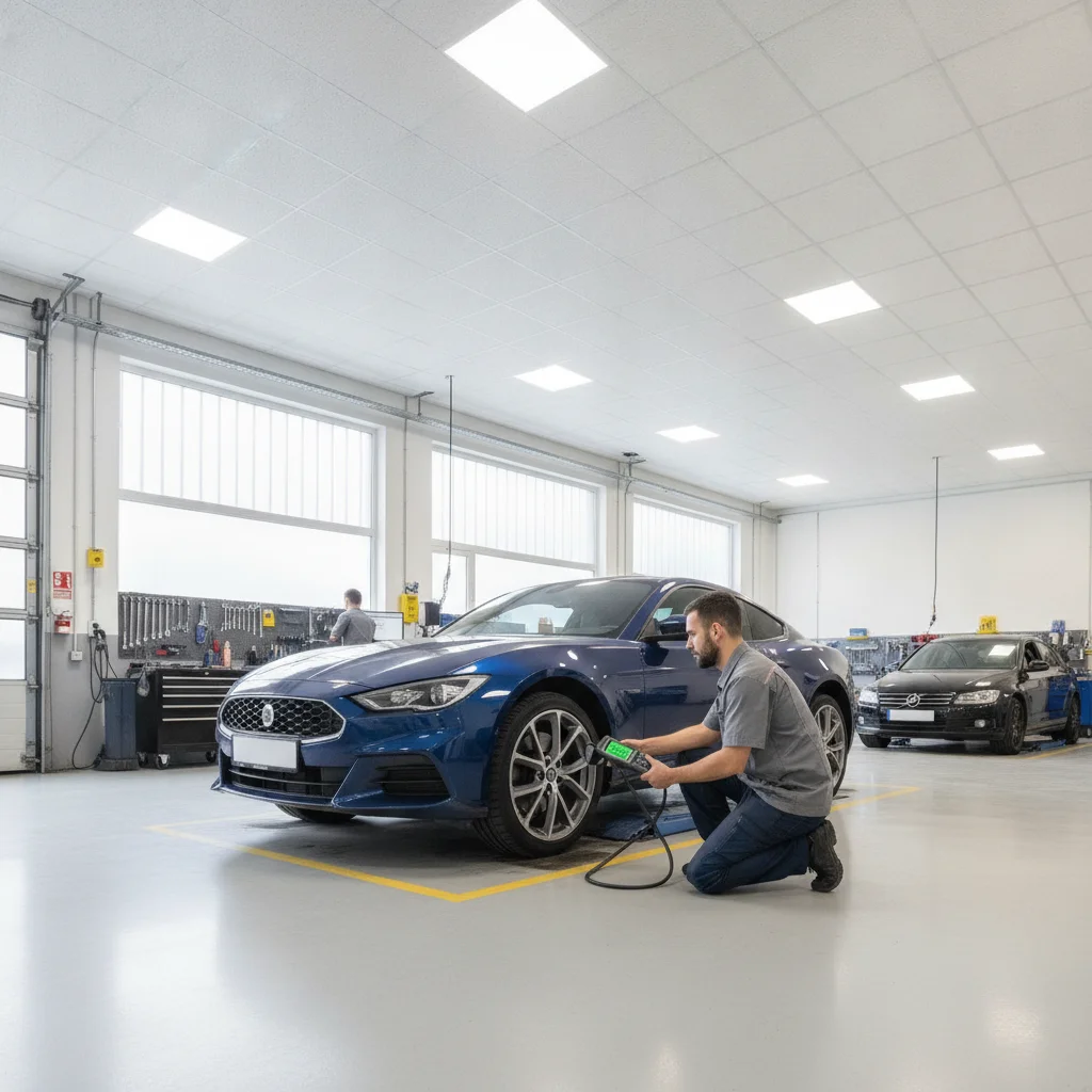 Automotive technician checking tire pressure with a digital gauge in a well-lit service bay
