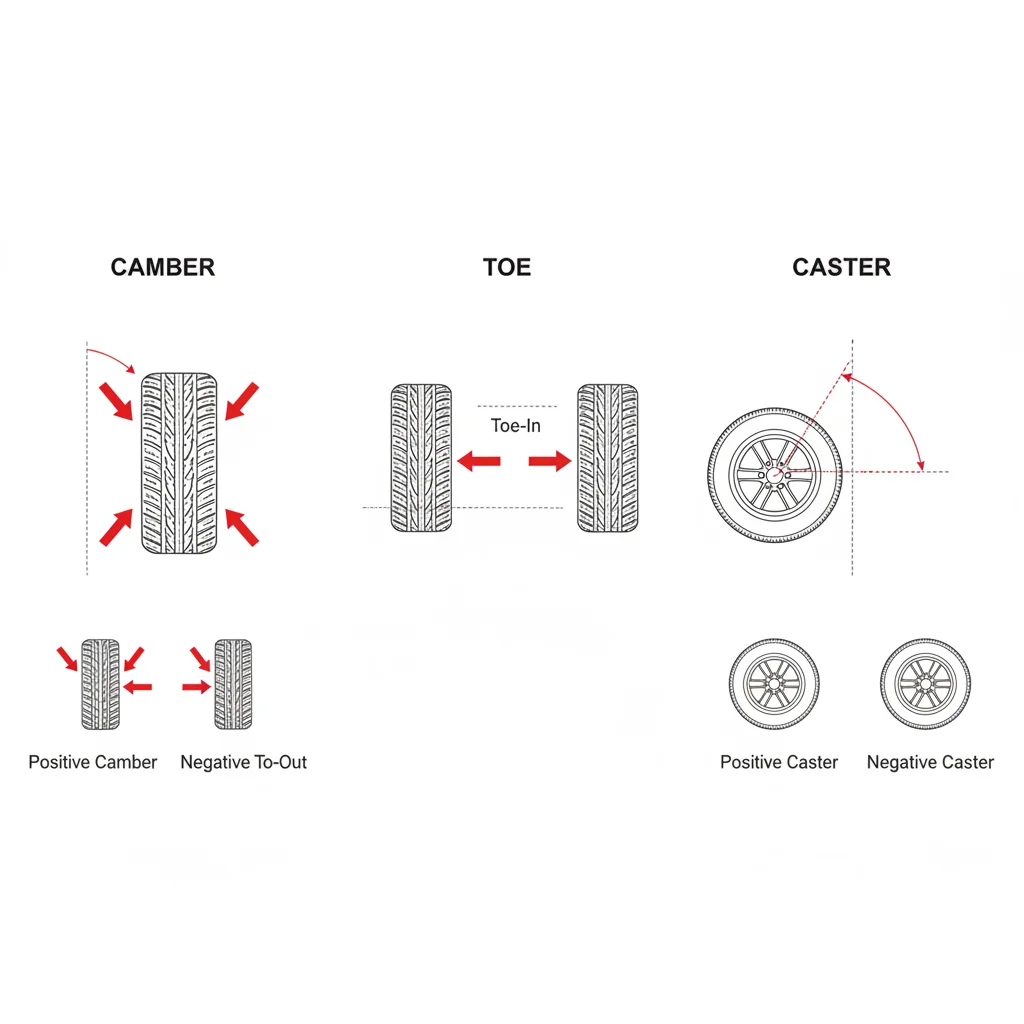 Technical diagram illustrating the three wheel alignment angles: camber, toe, and caster