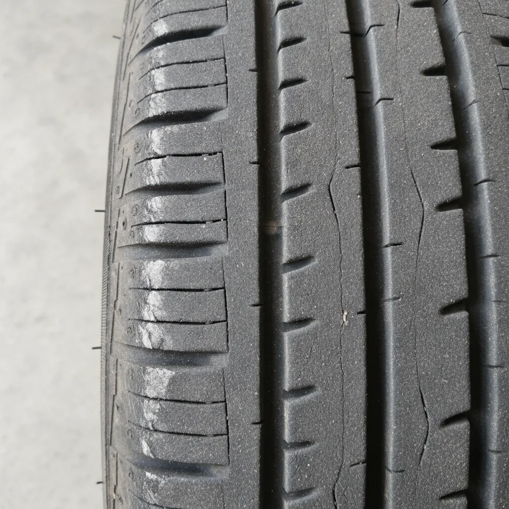 Close-up of tire tread showing uneven shoulder wear pattern indicating misalignment or underinflation