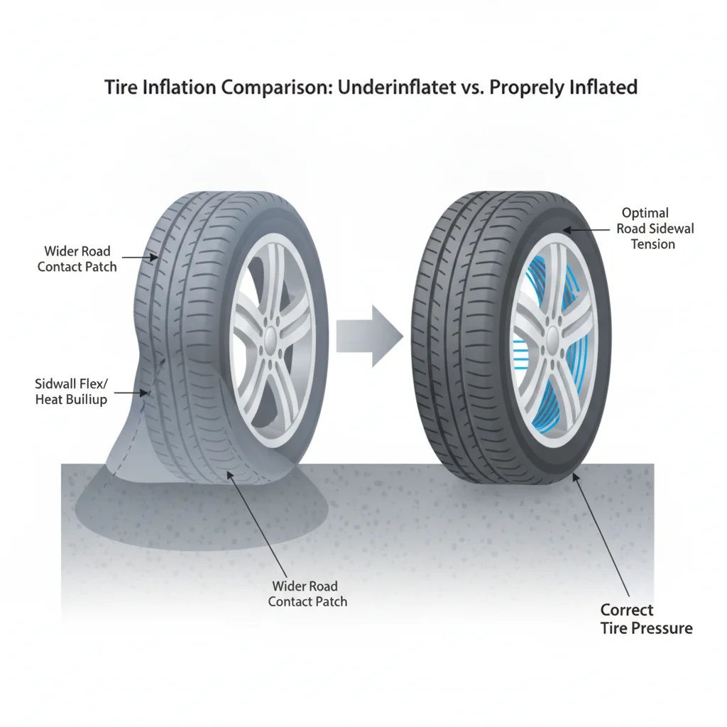 Side-by-side cross-section illustration comparing an underinflated tire with a correctly inflated tire showing contact patch differences