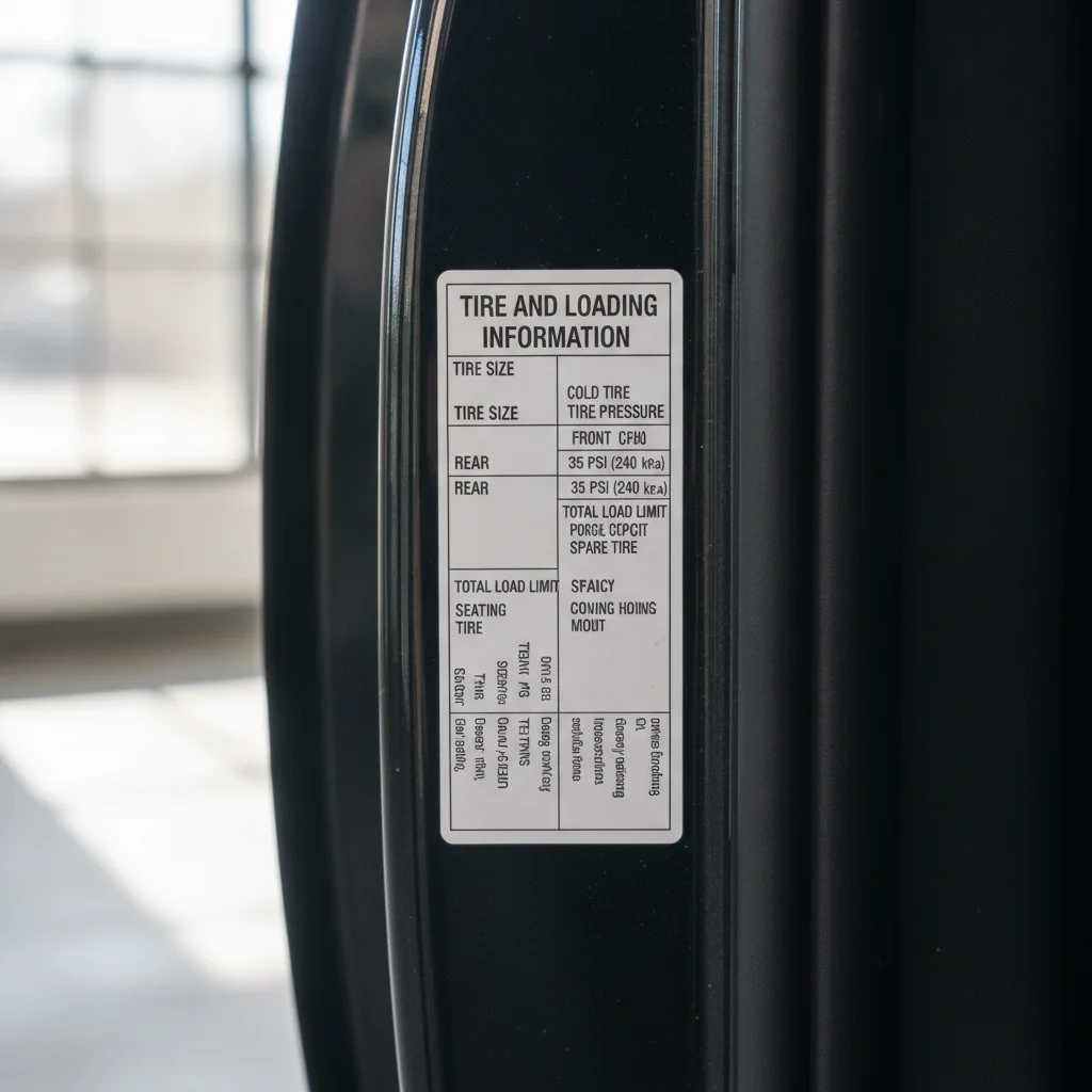 Tire pressure specification sticker on the inside of a car door jamb showing recommended PSI values