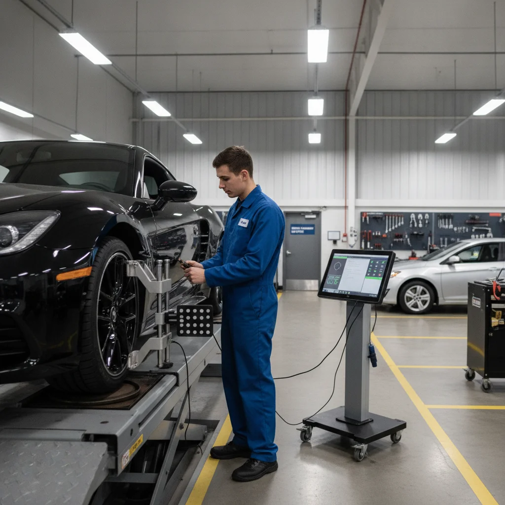 Automotive technician using wheel alignment equipment on a vehicle raised on a lift in a professional service bay