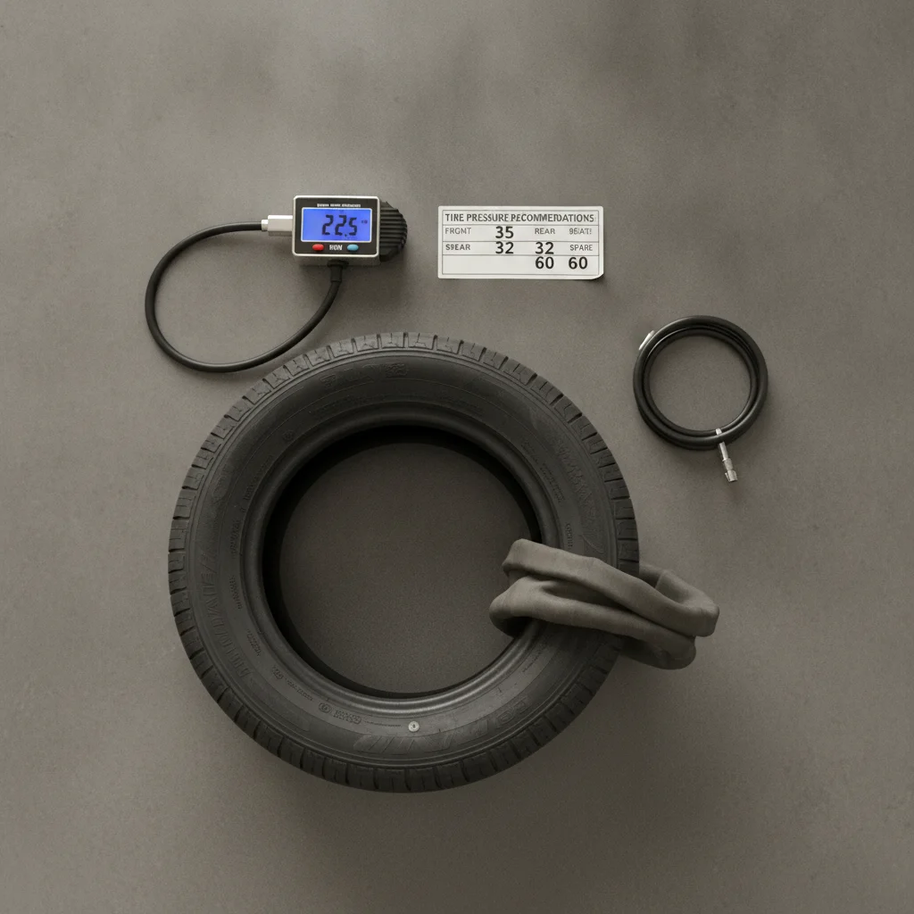 Digital tire pressure gauge next to vehicle door jamb PSI sticker and partially deflated tire
