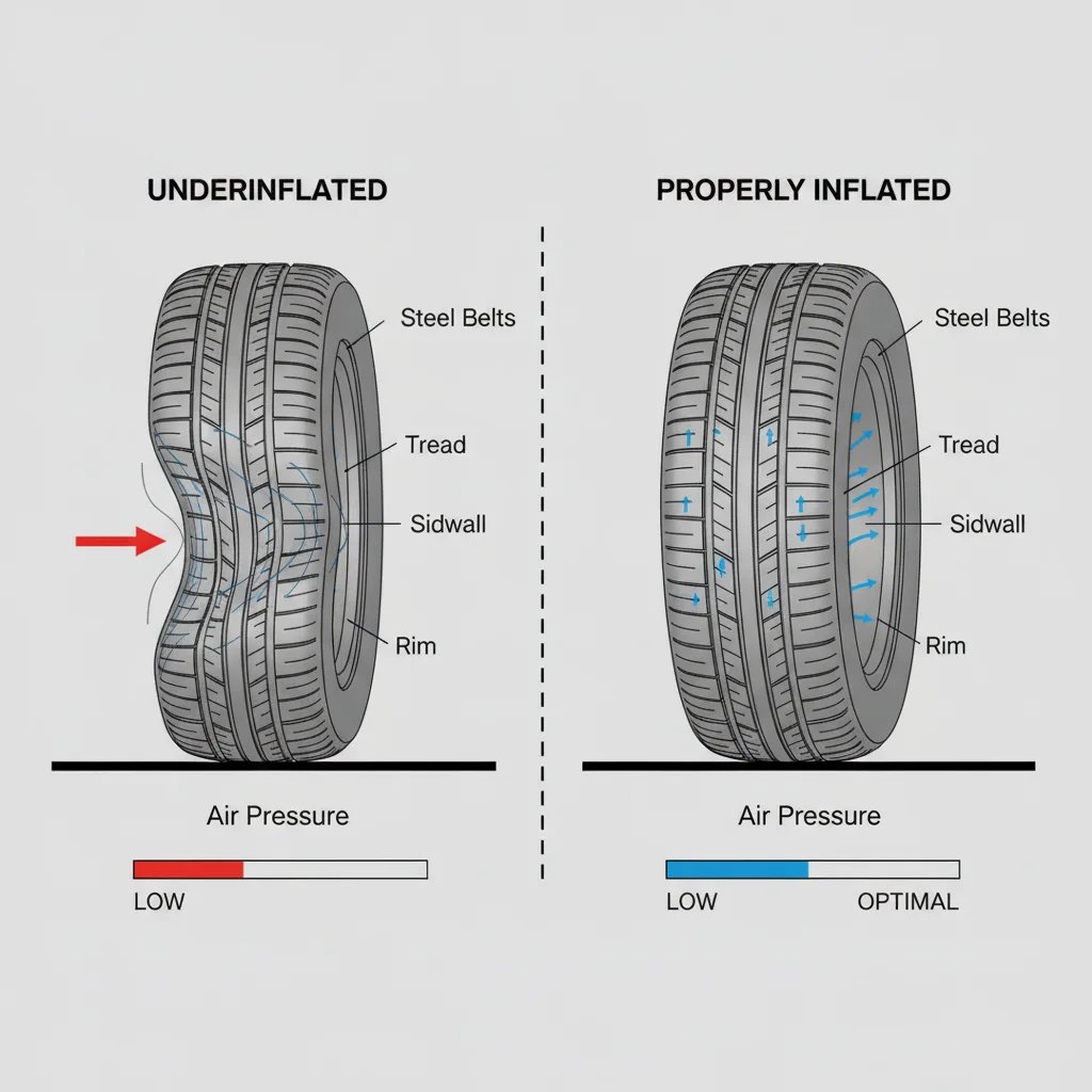 Cross-section illustration comparing tire sidewall flex under proper inflation versus underinflation