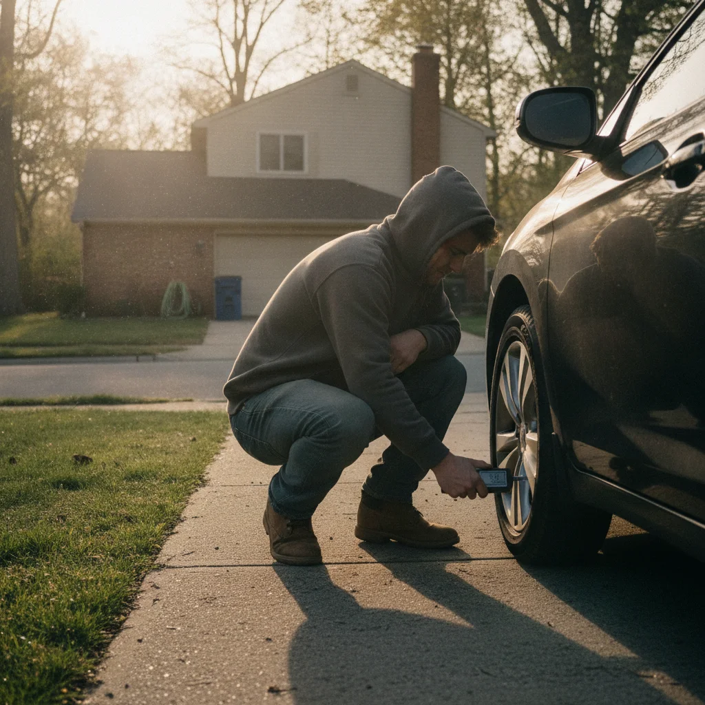 Person checking tire pressure with a digital gauge in a residential driveway