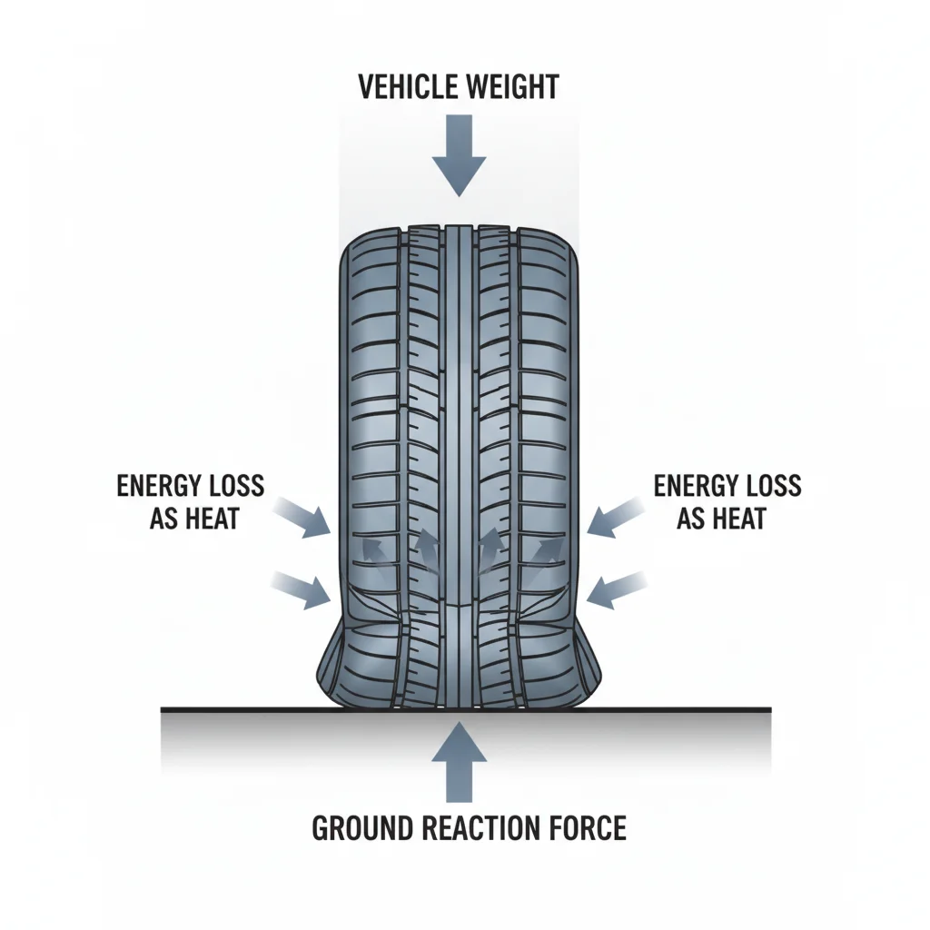 Cross-section diagram of a tire showing contact patch deformation and heat energy loss under vehicle weight