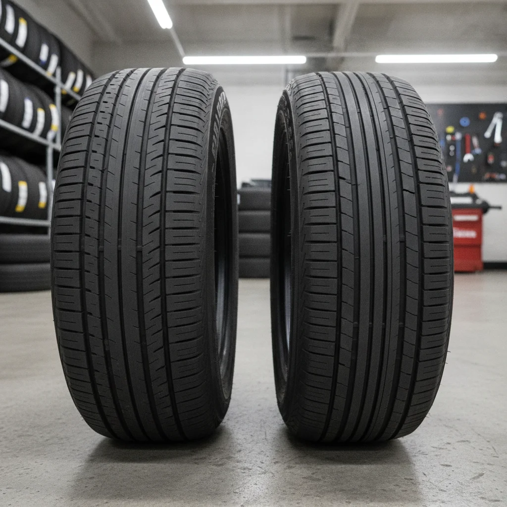 Side-by-side comparison of a standard all-season tire and a low-rolling-resistance EV tire showing tread pattern differences