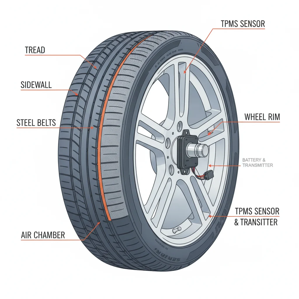 Illustration showing a TPMS sensor mounted inside a car wheel on the valve stem